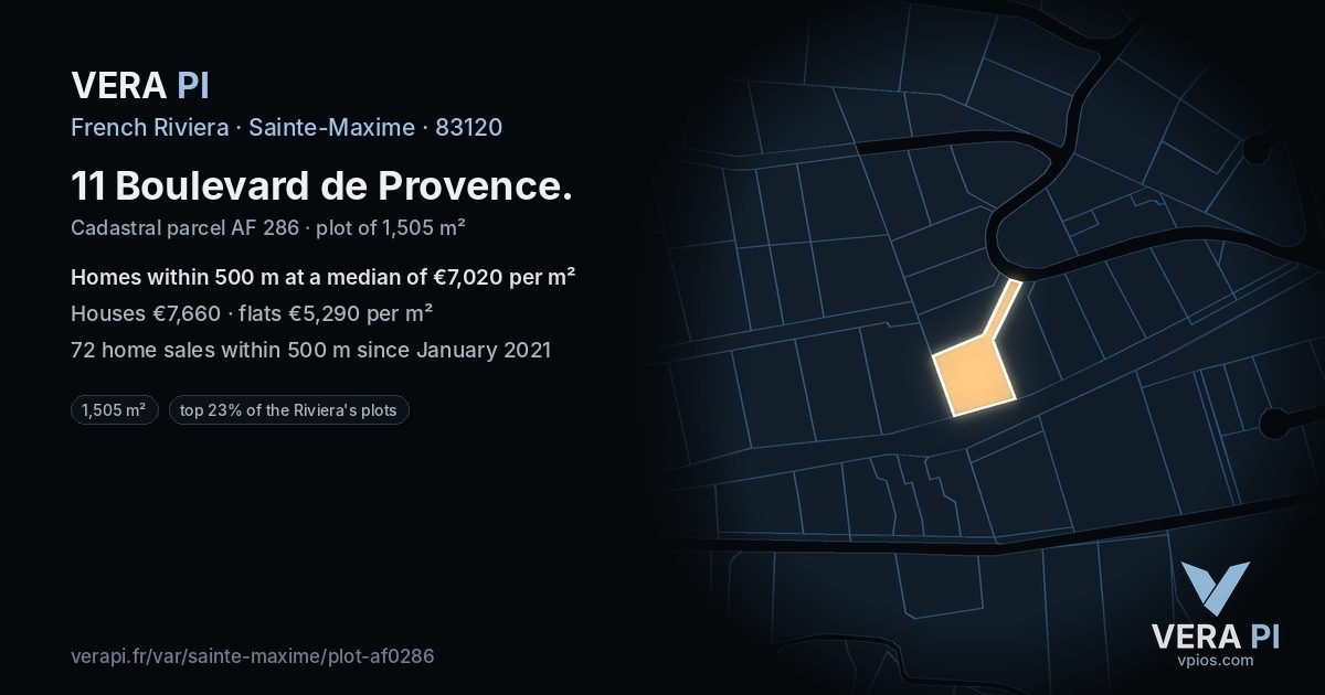 11 Boulevard de Provence, Sainte-Maxime at night – the plot lit, the parcels around coloured by the prices near them
