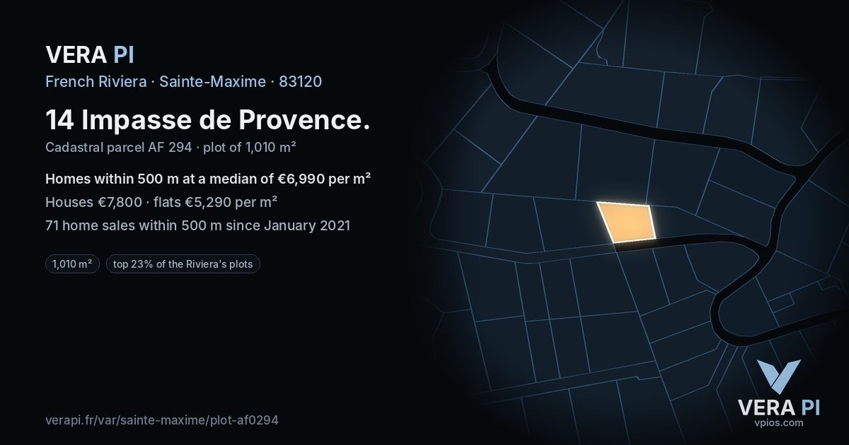 14 Impasse de Provence, Sainte-Maxime at night – the plot lit, the parcels around coloured by the prices near them