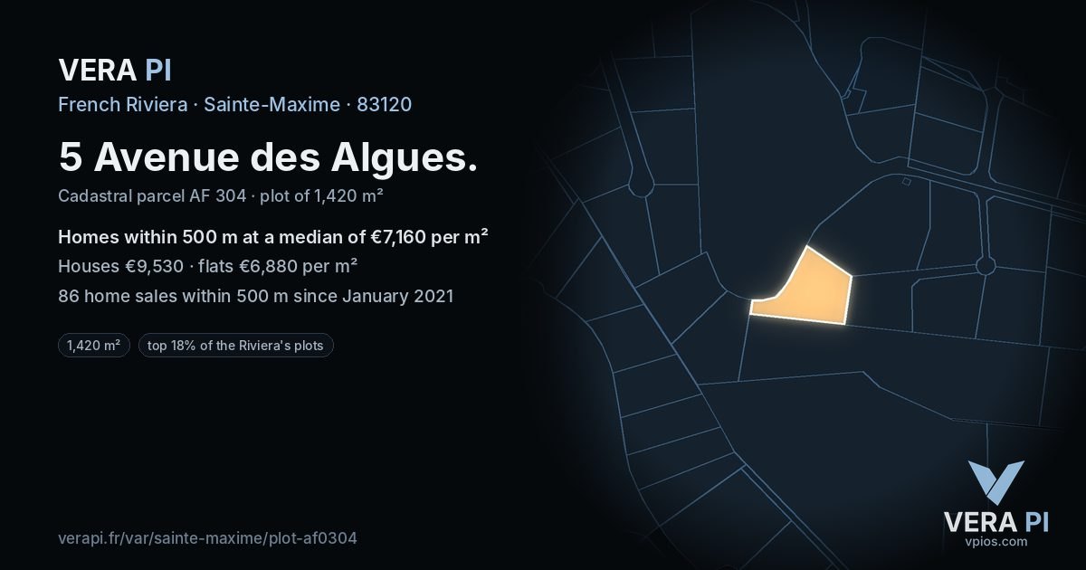 5 Avenue des Algues, Sainte-Maxime at night – the plot lit, the parcels around coloured by the prices near them