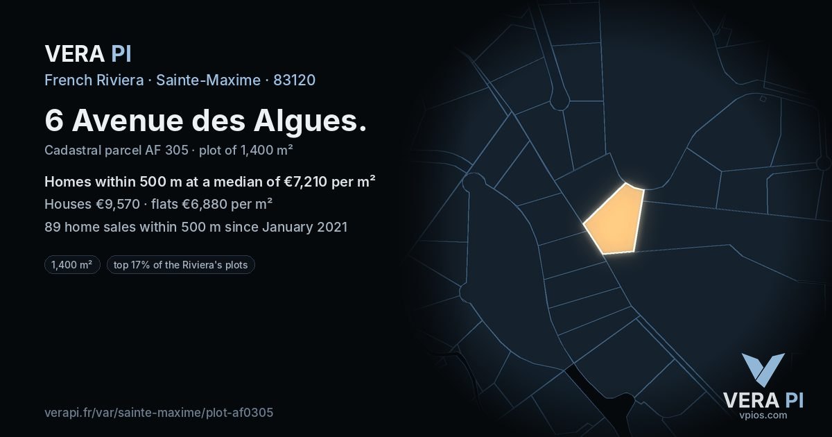6 Avenue des Algues, Sainte-Maxime at night – the plot lit, the parcels around coloured by the prices near them