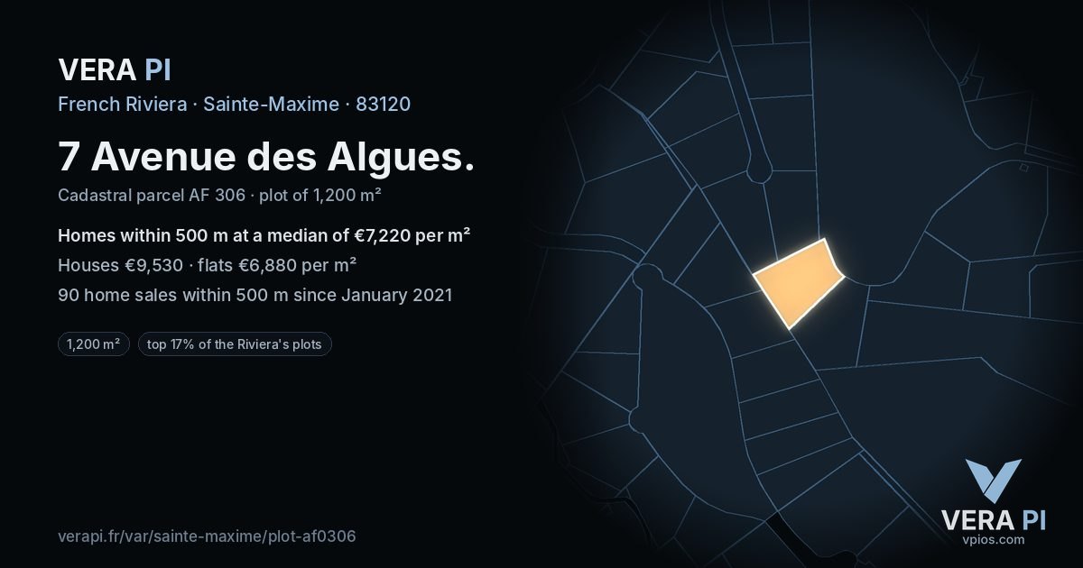 7 Avenue des Algues, Sainte-Maxime at night – the plot lit, the parcels around coloured by the prices near them
