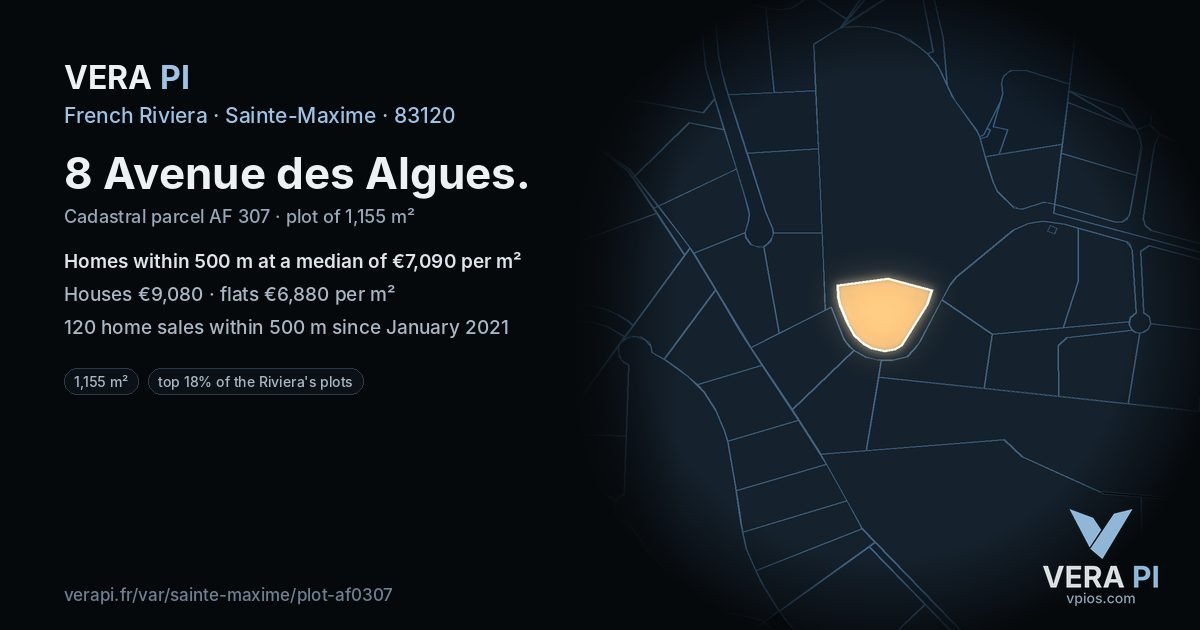 8 Avenue des Algues, Sainte-Maxime at night – the plot lit, the parcels around coloured by the prices near them