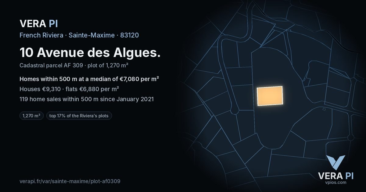 10 Avenue des Algues, Sainte-Maxime at night – the plot lit, the parcels around coloured by the prices near them