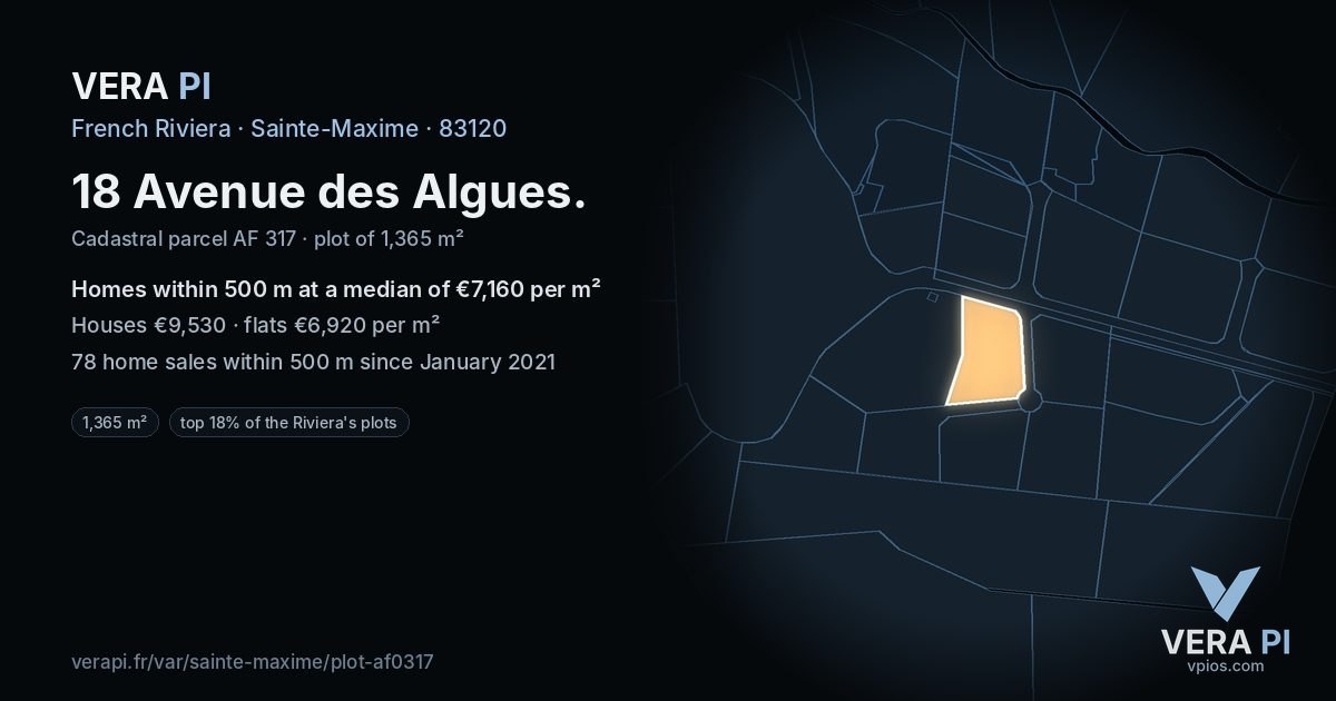 18 Avenue des Algues, Sainte-Maxime at night – the plot lit, the parcels around coloured by the prices near them