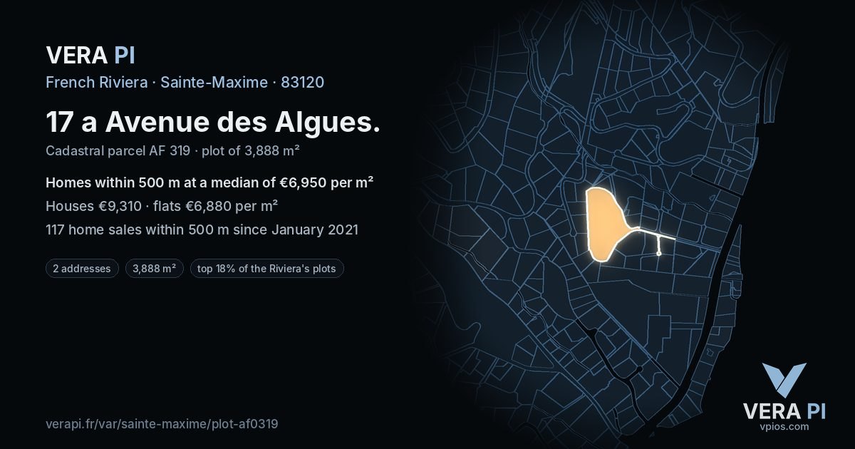 17 a Avenue des Algues, Sainte-Maxime at night – the plot lit, the parcels around coloured by the prices near them