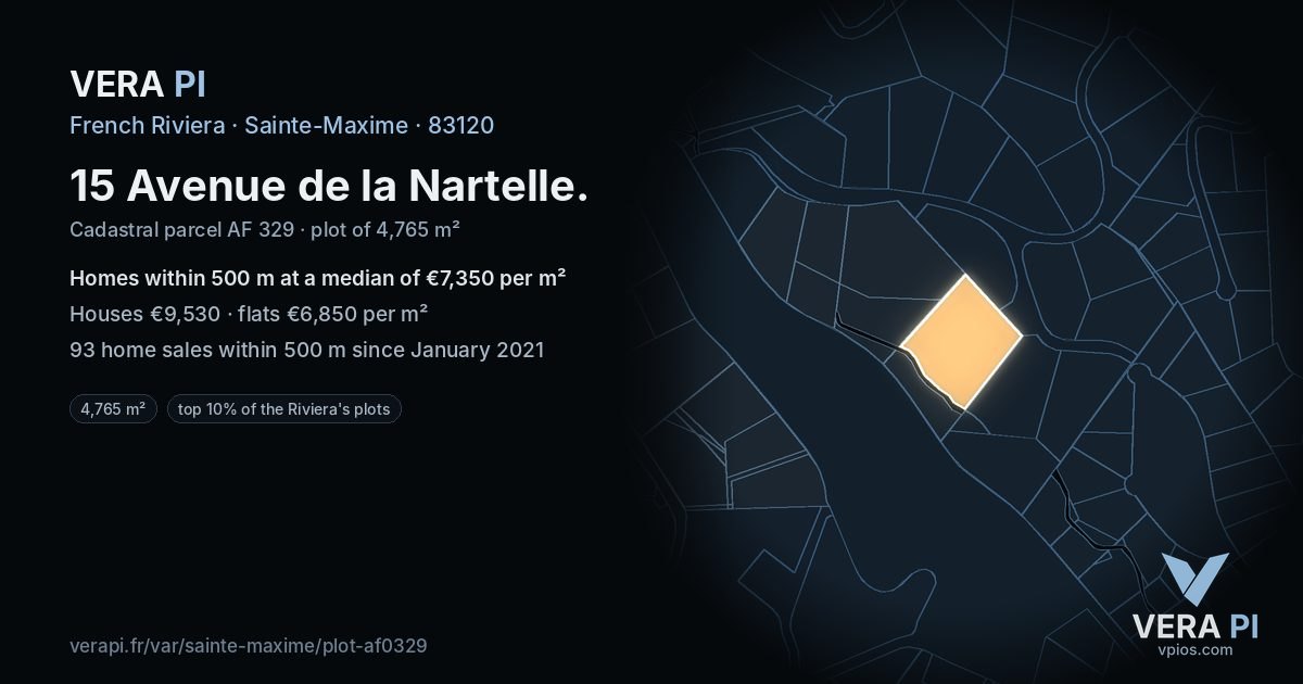 15 Avenue de la Nartelle, Sainte-Maxime at night – the plot lit, the parcels around coloured by the prices near them