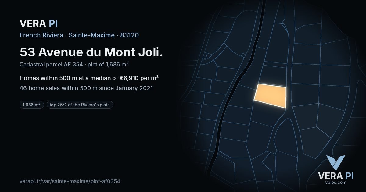 53 Avenue du Mont Joli, Sainte-Maxime at night – the plot lit, the parcels around coloured by the prices near them