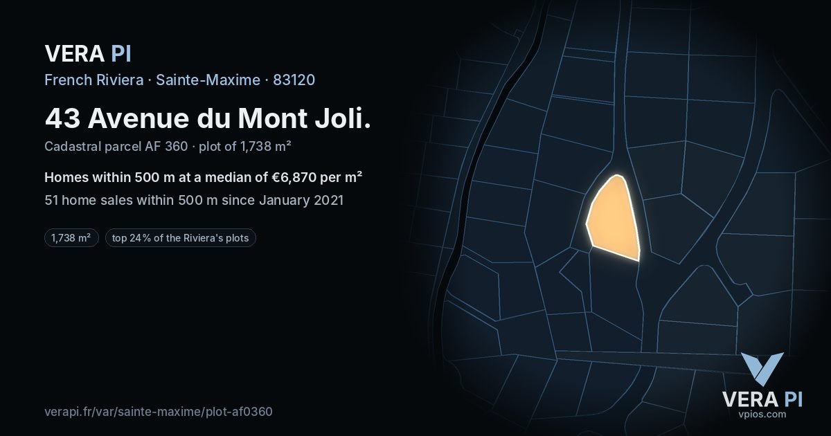43 Avenue du Mont Joli, Sainte-Maxime at night – the plot lit, the parcels around coloured by the prices near them