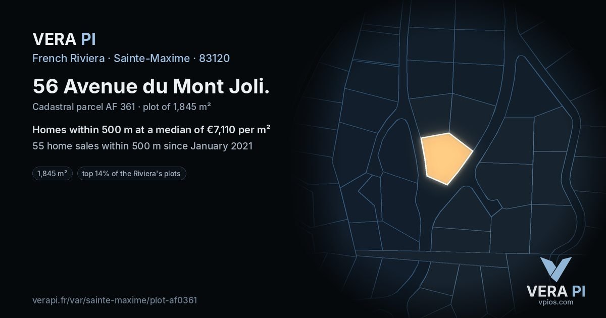 56 Avenue du Mont Joli, Sainte-Maxime at night – the plot lit, the parcels around coloured by the prices near them