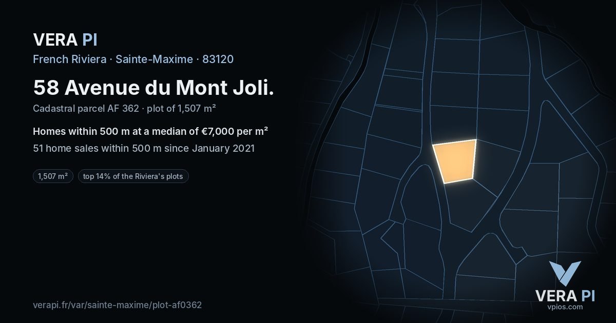 58 Avenue du Mont Joli, Sainte-Maxime at night – the plot lit, the parcels around coloured by the prices near them