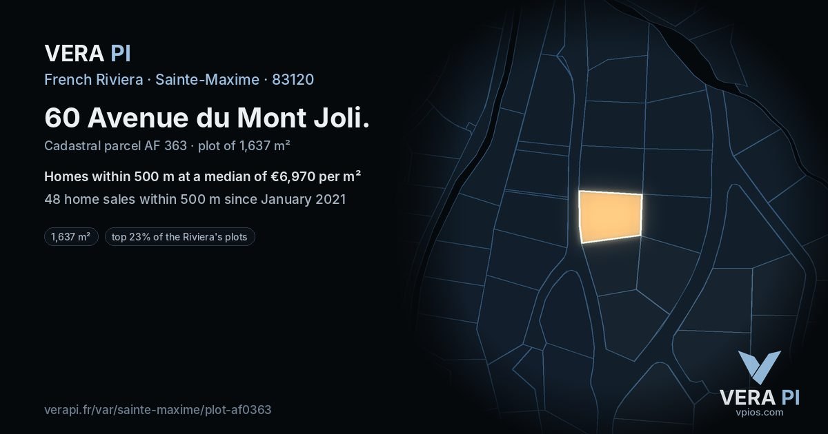 60 Avenue du Mont Joli, Sainte-Maxime at night – the plot lit, the parcels around coloured by the prices near them