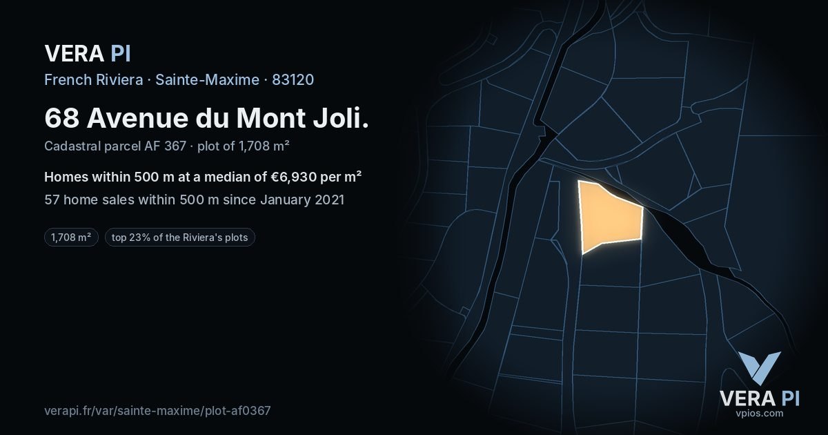 68 Avenue du Mont Joli, Sainte-Maxime at night – the plot lit, the parcels around coloured by the prices near them