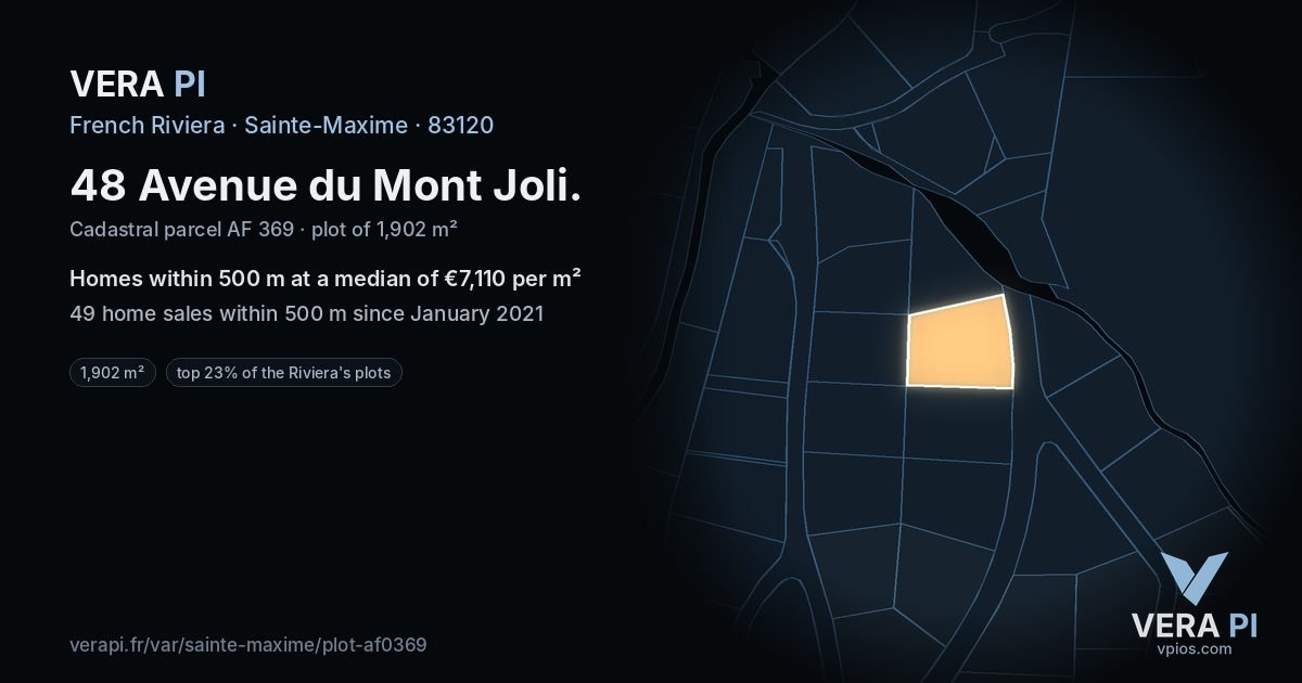 48 Avenue du Mont Joli, Sainte-Maxime at night – the plot lit, the parcels around coloured by the prices near them