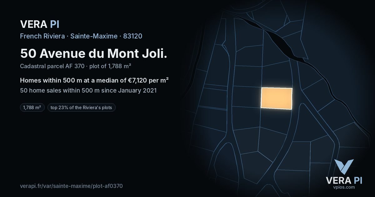50 Avenue du Mont Joli, Sainte-Maxime at night – the plot lit, the parcels around coloured by the prices near them
