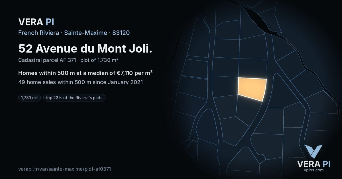 52 Avenue du Mont Joli, Sainte-Maxime at night – the plot lit, the parcels around coloured by the prices near them