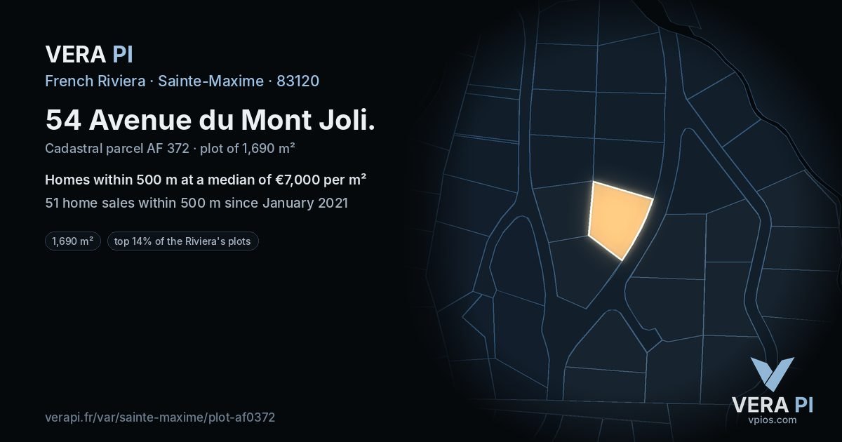 54 Avenue du Mont Joli, Sainte-Maxime at night – the plot lit, the parcels around coloured by the prices near them