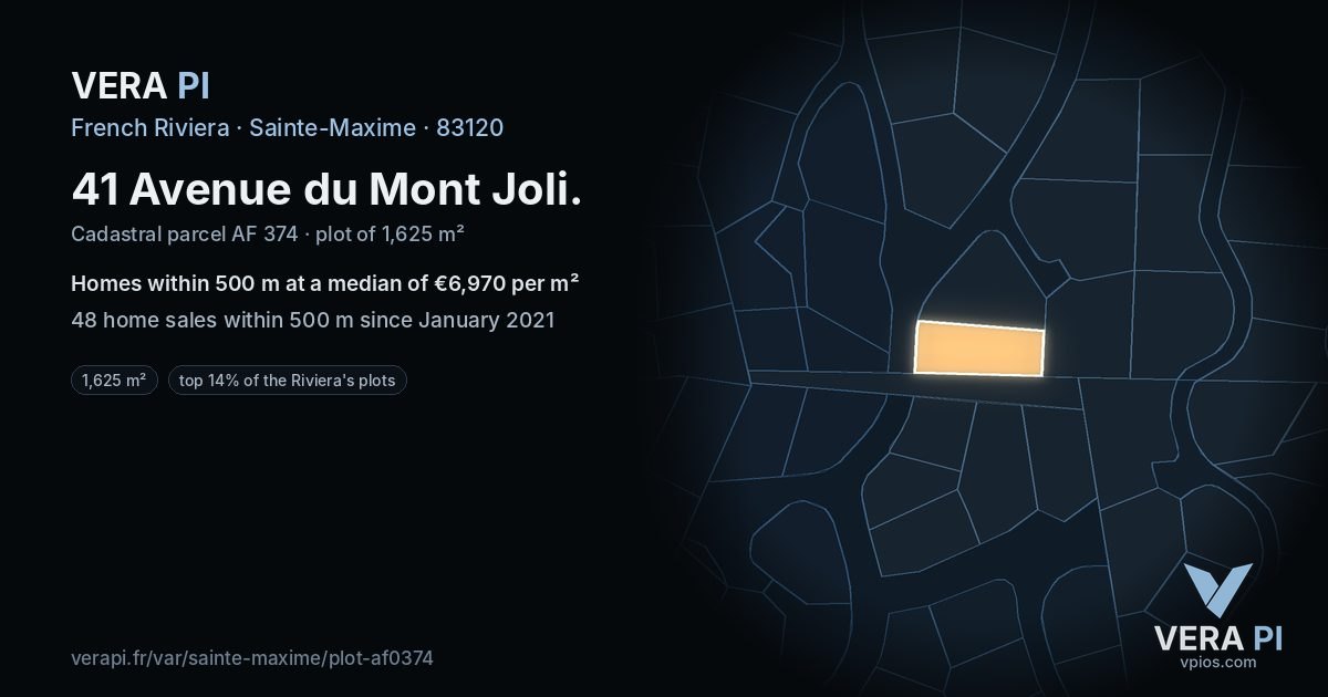 41 Avenue du Mont Joli, Sainte-Maxime at night – the plot lit, the parcels around coloured by the prices near them