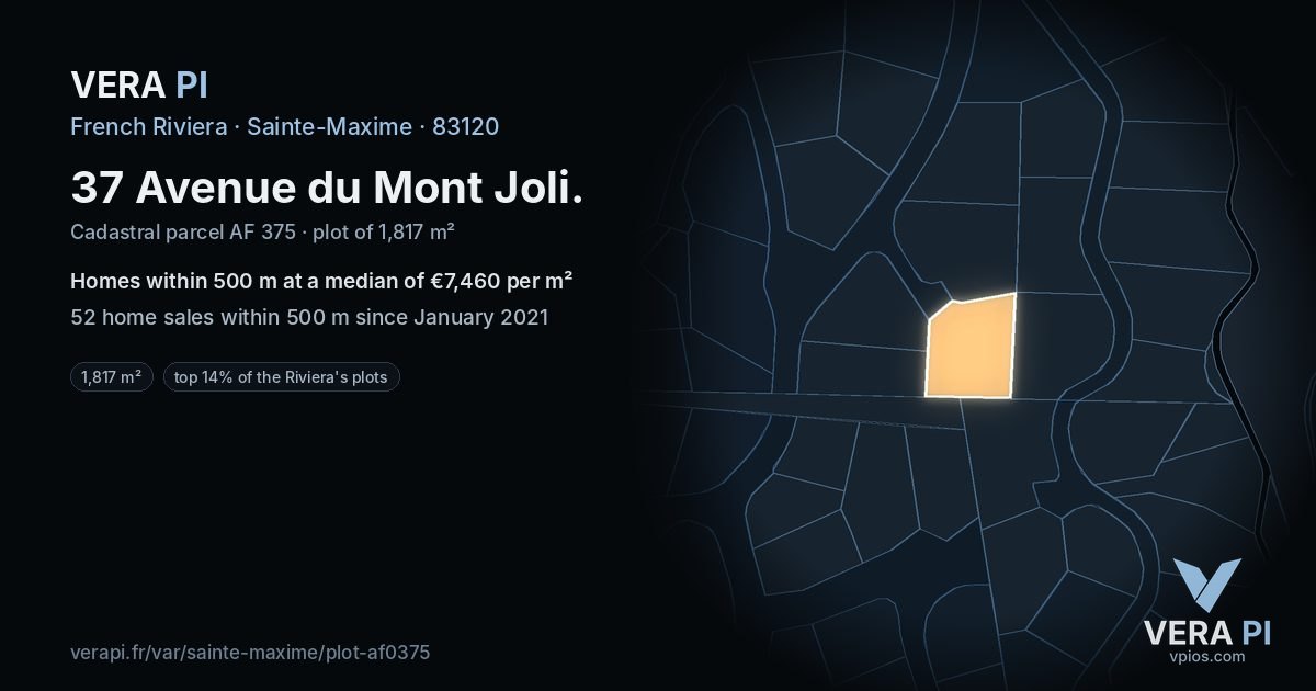 37 Avenue du Mont Joli, Sainte-Maxime at night – the plot lit, the parcels around coloured by the prices near them