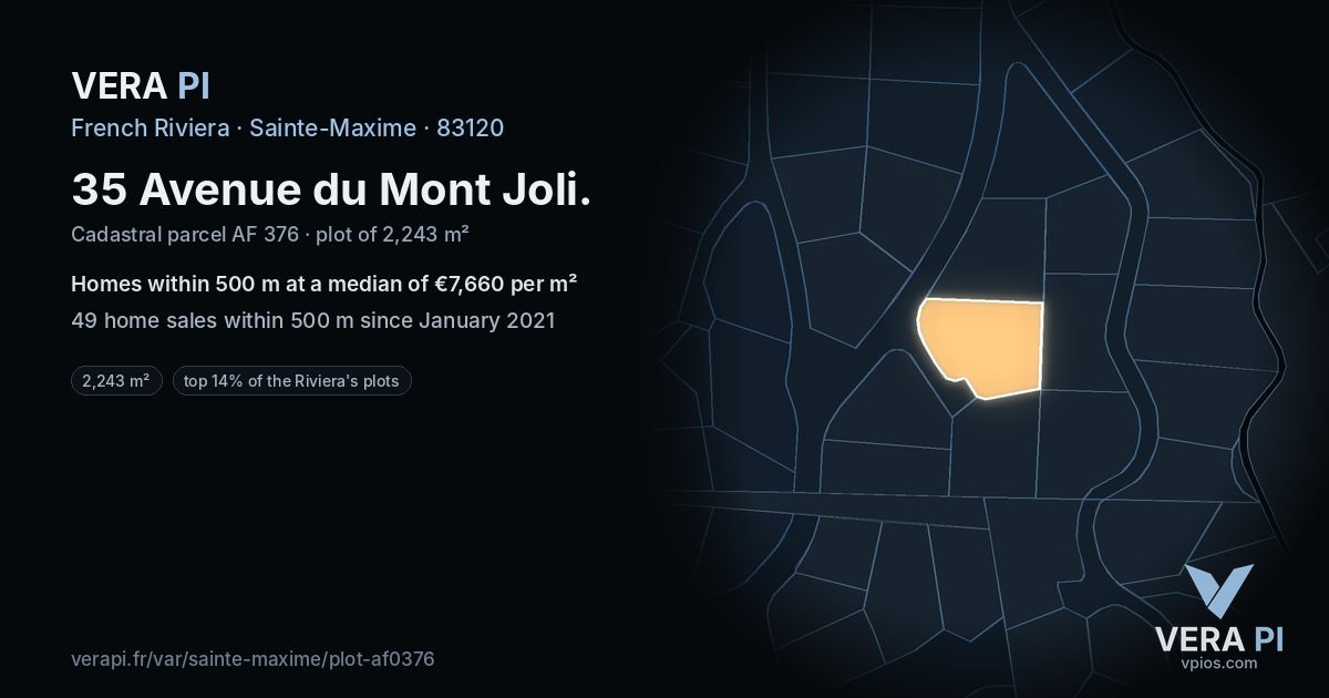 35 Avenue du Mont Joli, Sainte-Maxime at night – the plot lit, the parcels around coloured by the prices near them