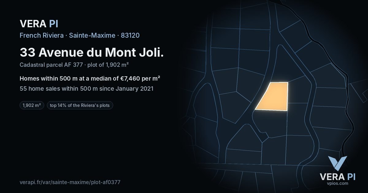 33 Avenue du Mont Joli, Sainte-Maxime at night – the plot lit, the parcels around coloured by the prices near them