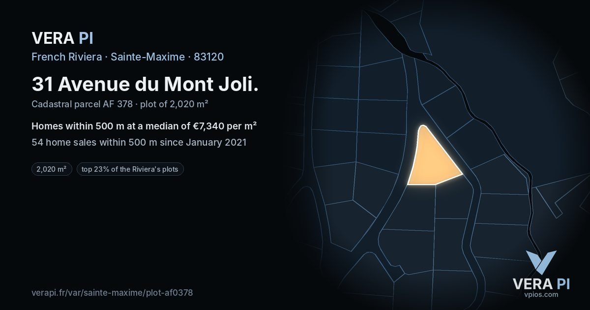 31 Avenue du Mont Joli, Sainte-Maxime at night – the plot lit, the parcels around coloured by the prices near them