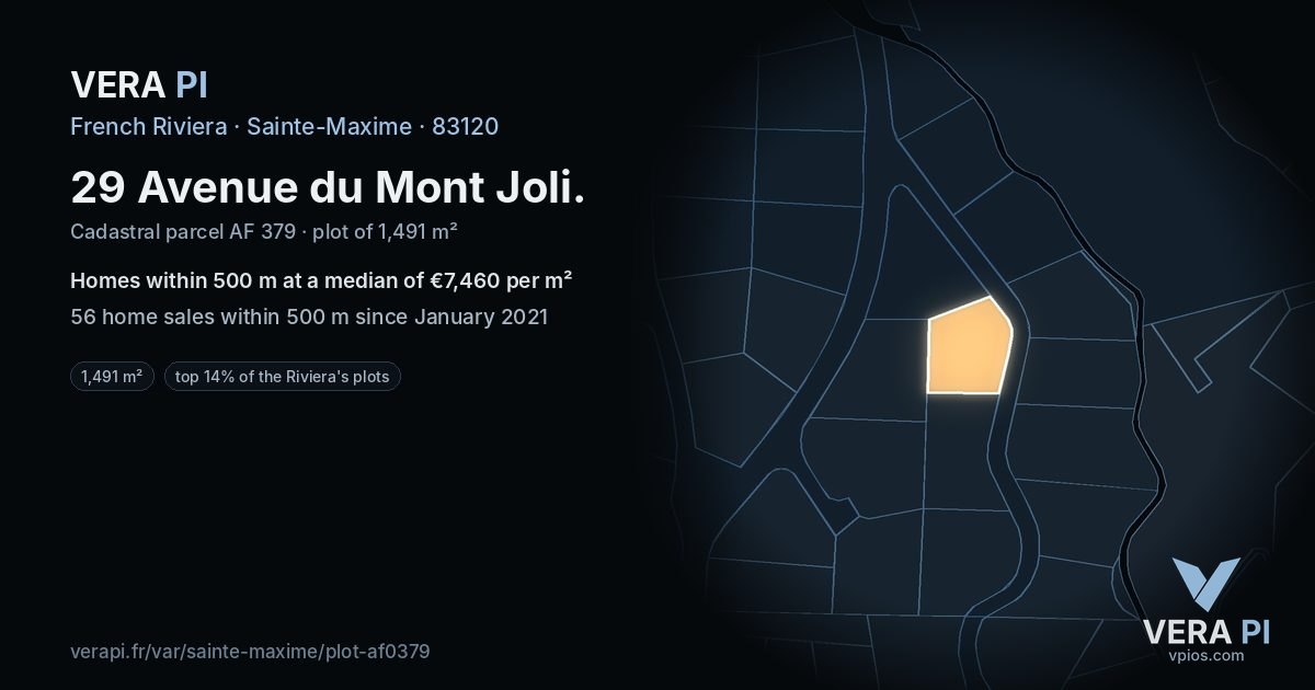 29 Avenue du Mont Joli, Sainte-Maxime at night – the plot lit, the parcels around coloured by the prices near them