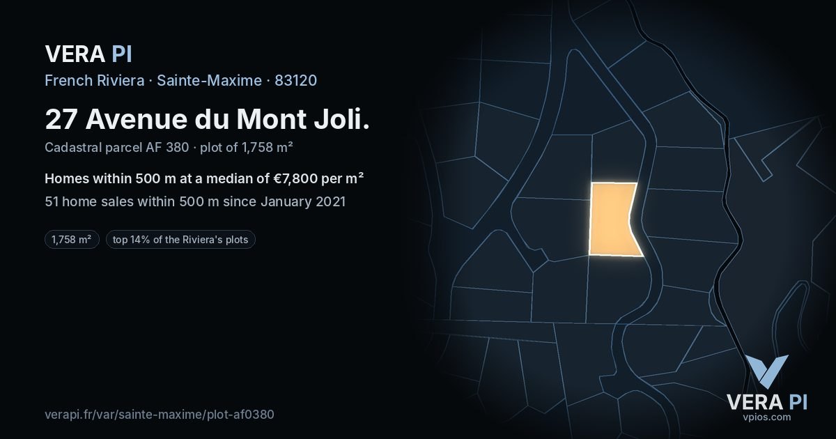 27 Avenue du Mont Joli, Sainte-Maxime at night – the plot lit, the parcels around coloured by the prices near them