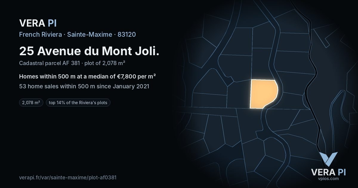 25 Avenue du Mont Joli, Sainte-Maxime at night – the plot lit, the parcels around coloured by the prices near them