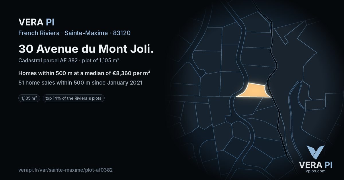 30 Avenue du Mont Joli, Sainte-Maxime at night – the plot lit, the parcels around coloured by the prices near them