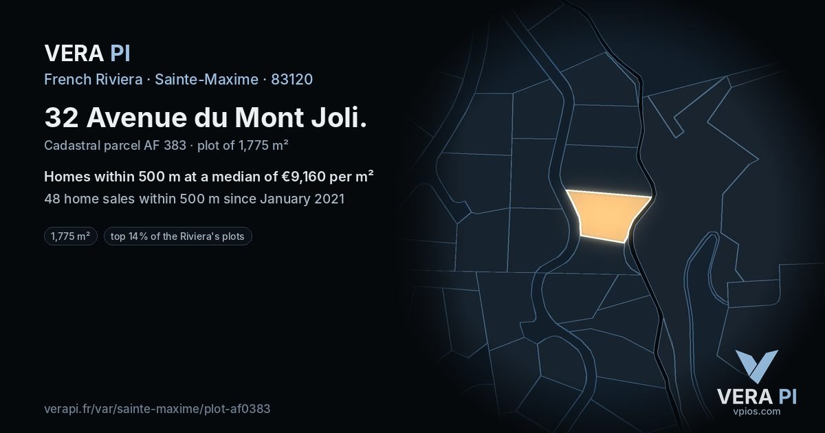 32 Avenue du Mont Joli, Sainte-Maxime at night – the plot lit, the parcels around coloured by the prices near them
