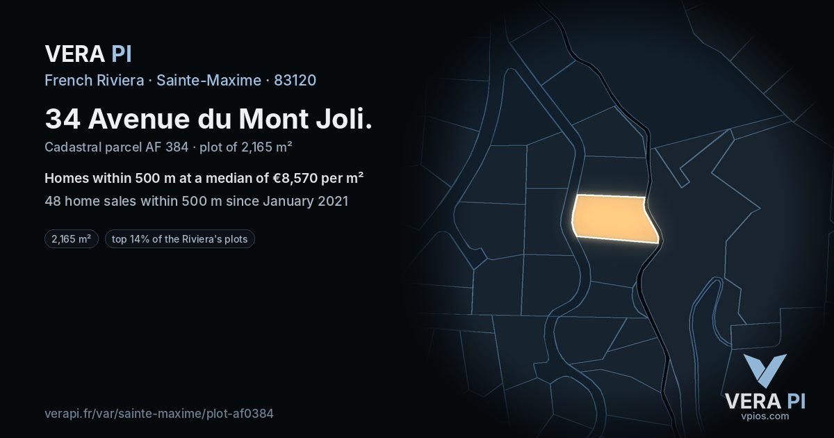 34 Avenue du Mont Joli, Sainte-Maxime at night – the plot lit, the parcels around coloured by the prices near them