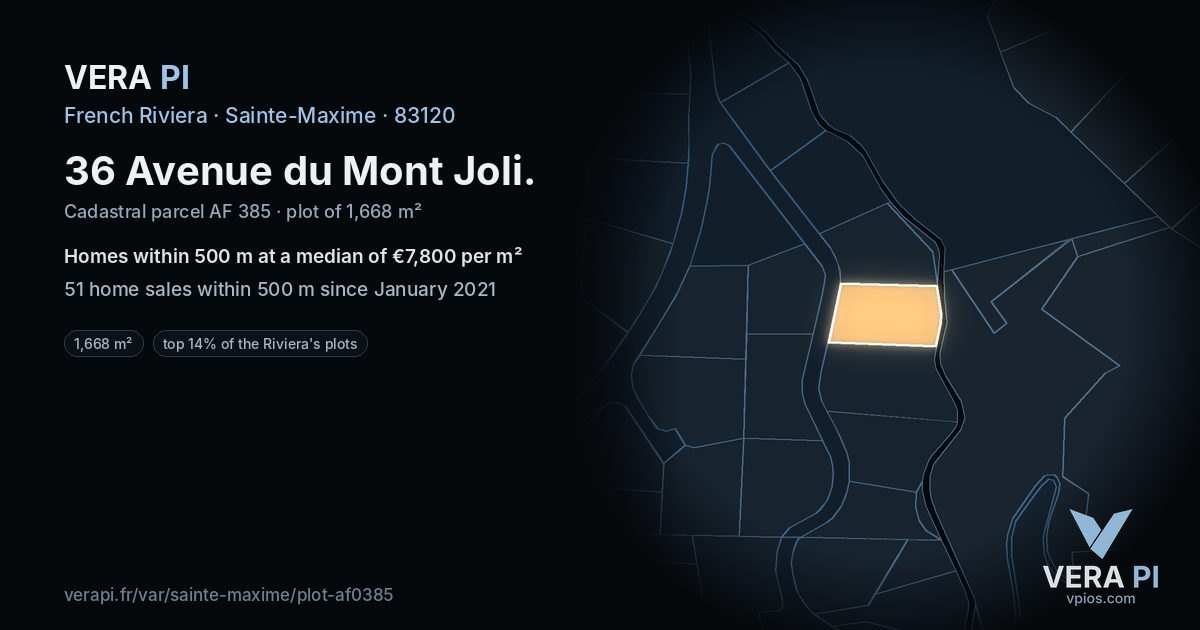36 Avenue du Mont Joli, Sainte-Maxime at night – the plot lit, the parcels around coloured by the prices near them
