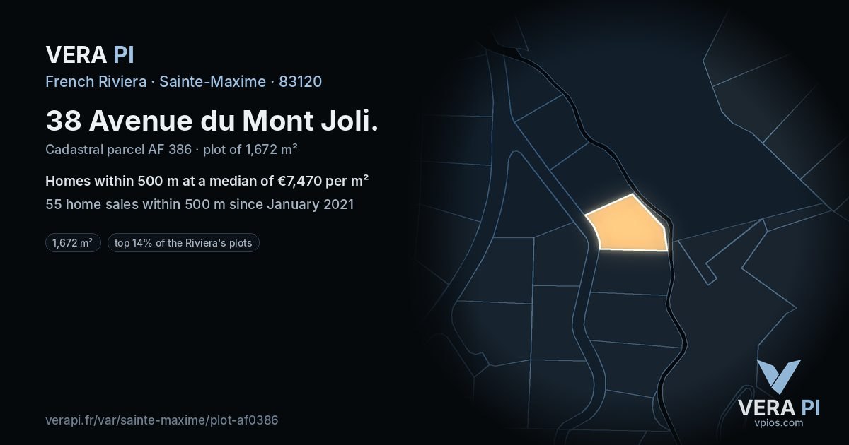 38 Avenue du Mont Joli, Sainte-Maxime at night – the plot lit, the parcels around coloured by the prices near them
