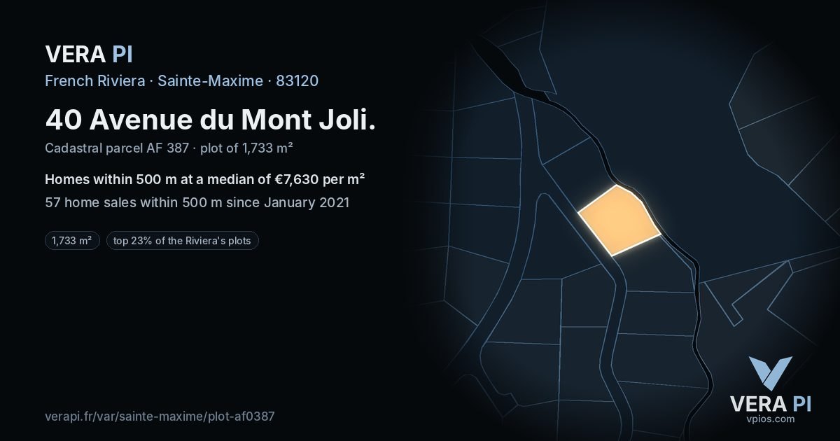 40 Avenue du Mont Joli, Sainte-Maxime at night – the plot lit, the parcels around coloured by the prices near them