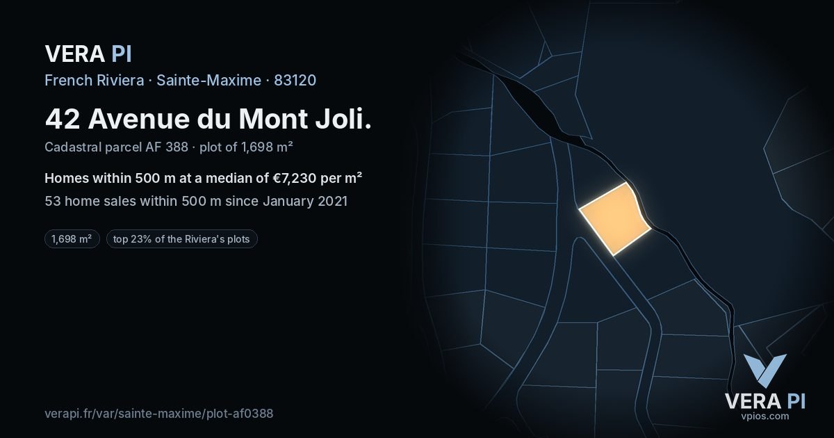 42 Avenue du Mont Joli, Sainte-Maxime at night – the plot lit, the parcels around coloured by the prices near them