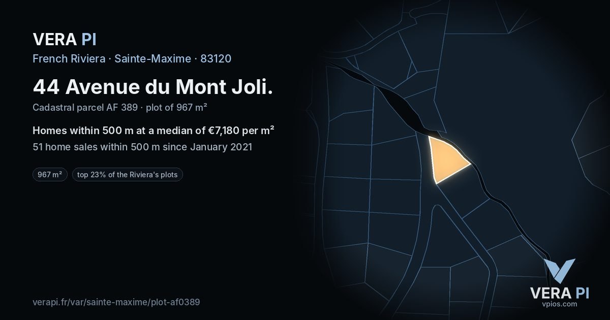 44 Avenue du Mont Joli, Sainte-Maxime at night – the plot lit, the parcels around coloured by the prices near them