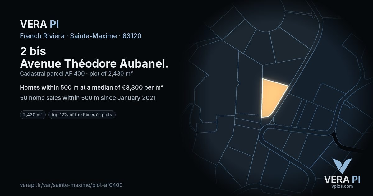 2 bis Avenue Théodore Aubanel, Sainte-Maxime at night – the plot lit, the parcels around coloured by the prices near them