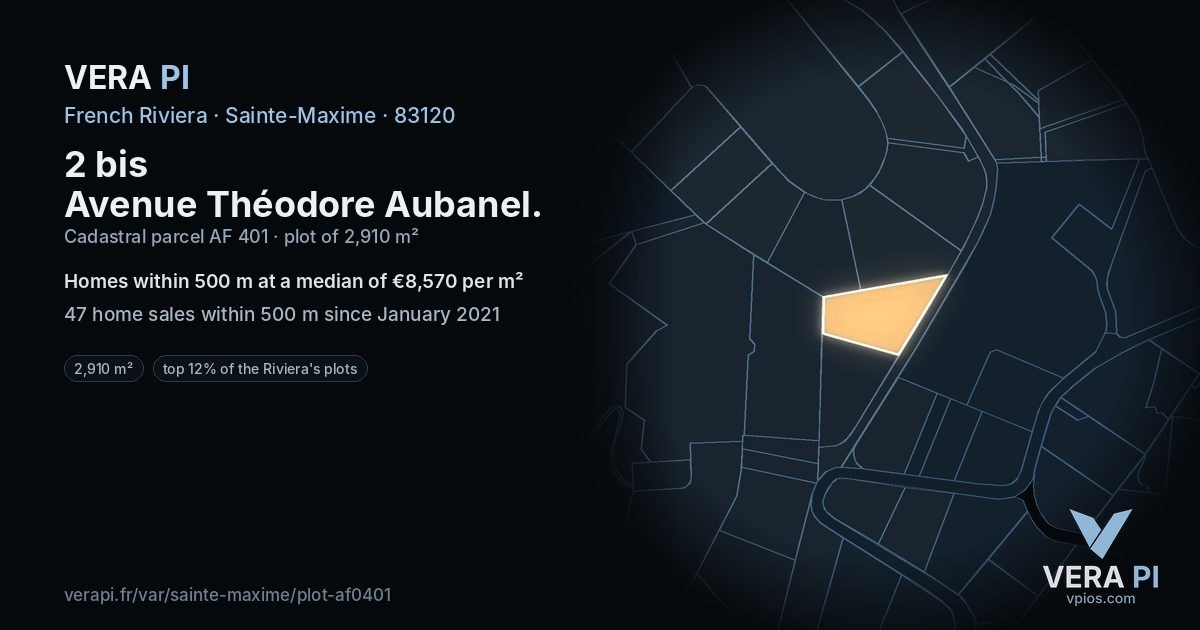2 bis Avenue Théodore Aubanel, Sainte-Maxime at night – the plot lit, the parcels around coloured by the prices near them