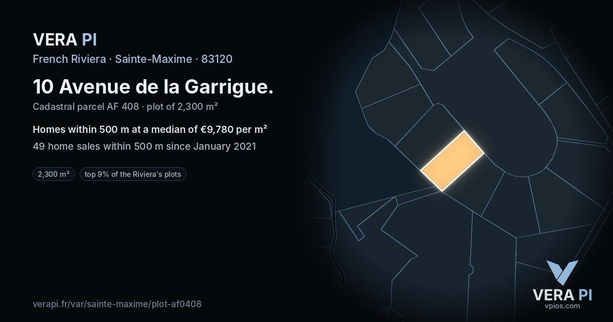 10 Avenue de la Garrigue, Sainte-Maxime at night – the plot lit, the parcels around coloured by the prices near them