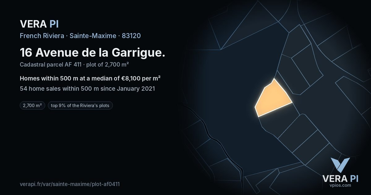 16 Avenue de la Garrigue, Sainte-Maxime at night – the plot lit, the parcels around coloured by the prices near them