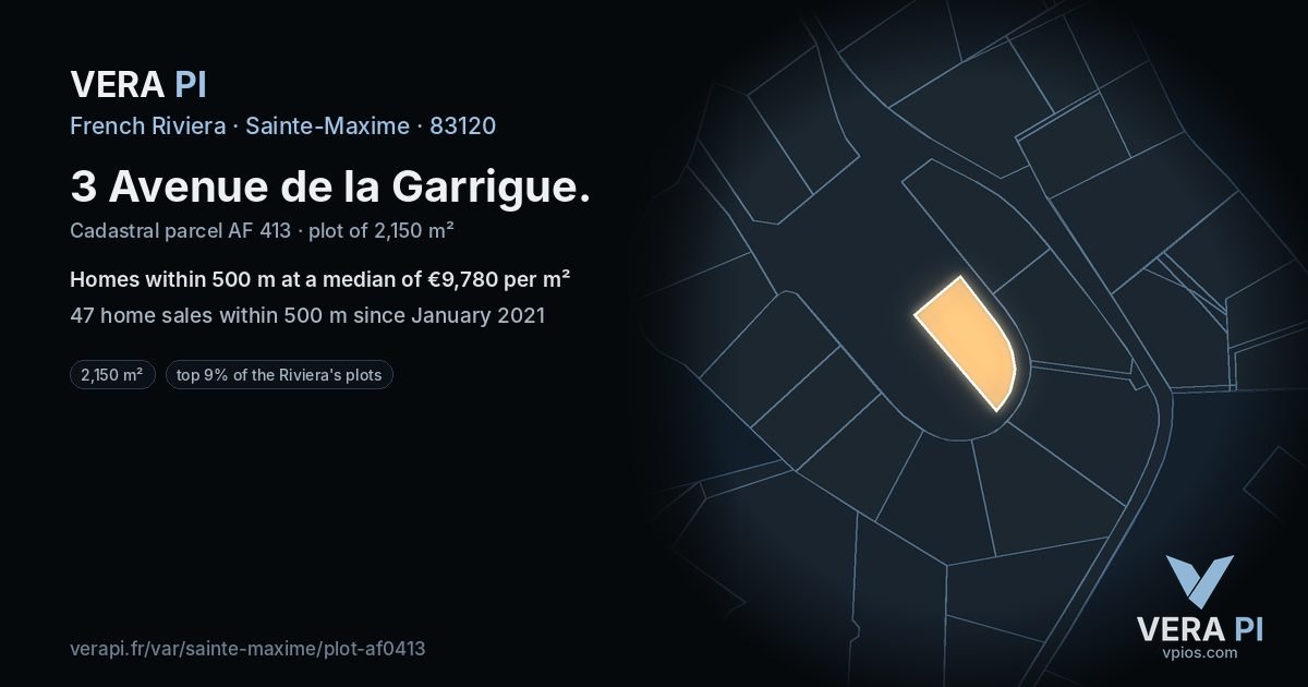 3 Avenue de la Garrigue, Sainte-Maxime at night – the plot lit, the parcels around coloured by the prices near them