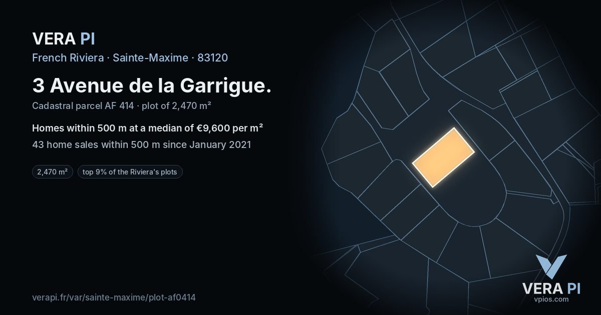 3 Avenue de la Garrigue, Sainte-Maxime at night – the plot lit, the parcels around coloured by the prices near them
