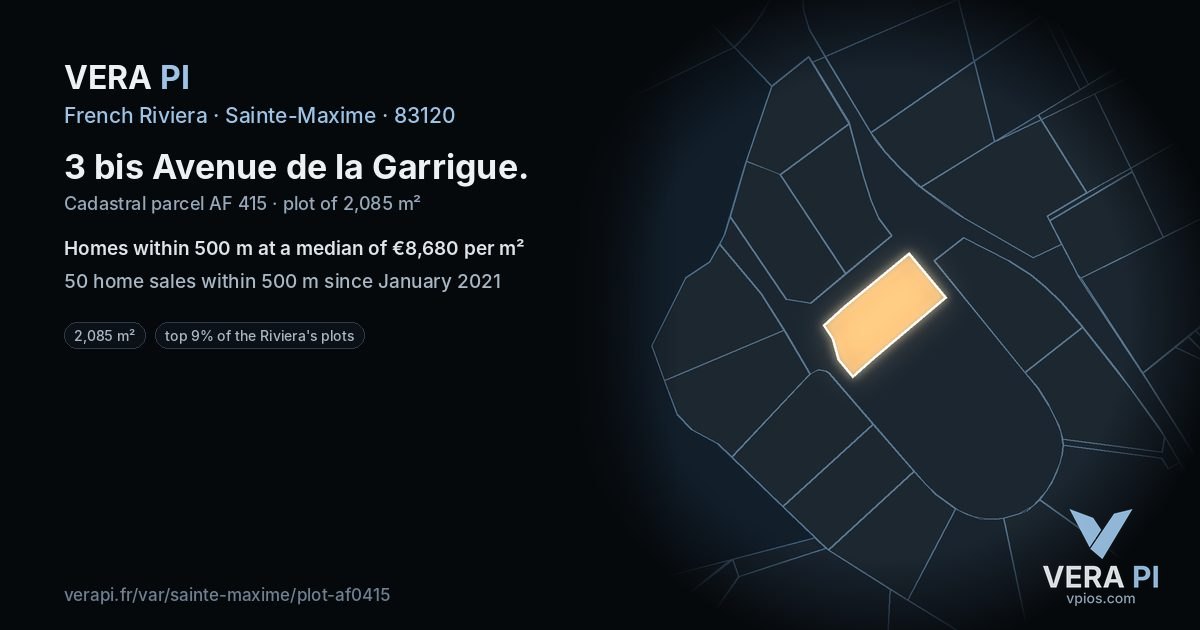 3 bis Avenue de la Garrigue, Sainte-Maxime at night – the plot lit, the parcels around coloured by the prices near them