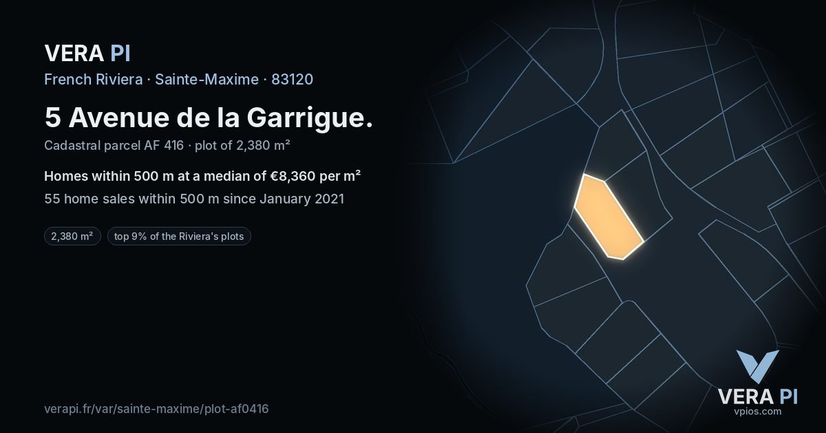 5 Avenue de la Garrigue, Sainte-Maxime at night – the plot lit, the parcels around coloured by the prices near them
