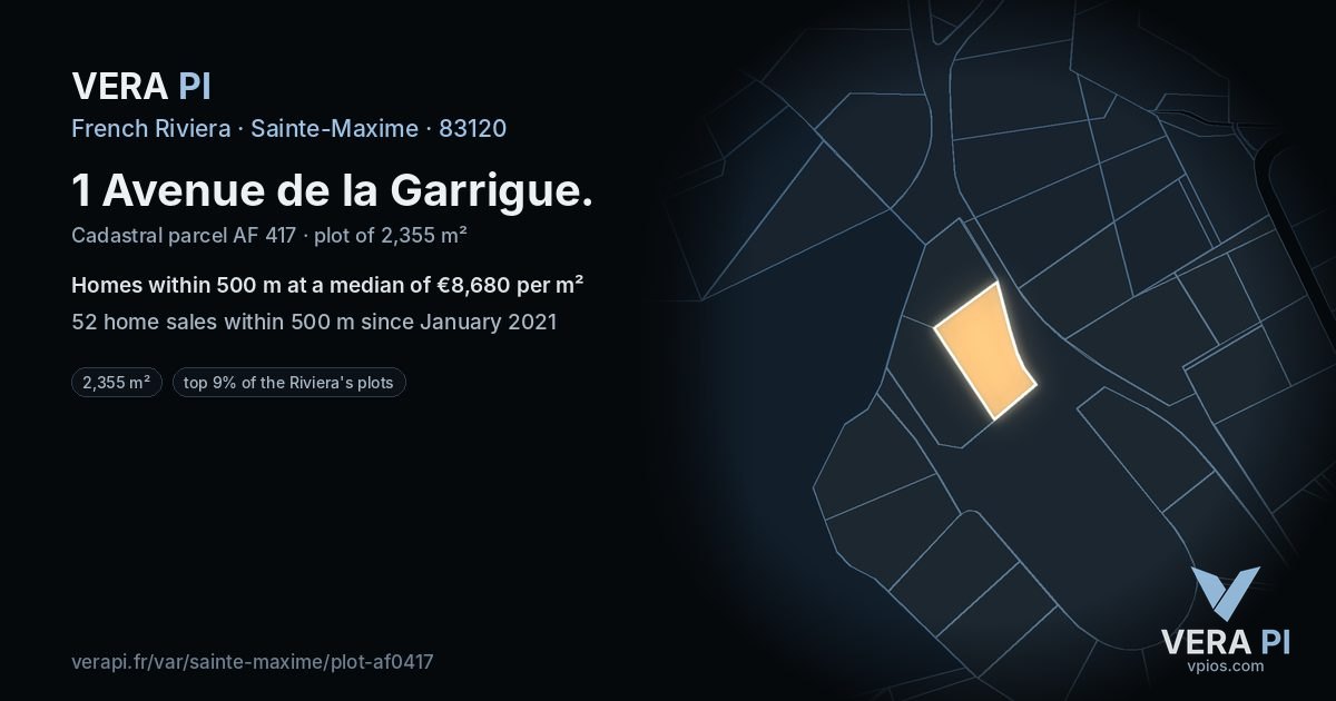 1 Avenue de la Garrigue, Sainte-Maxime at night – the plot lit, the parcels around coloured by the prices near them