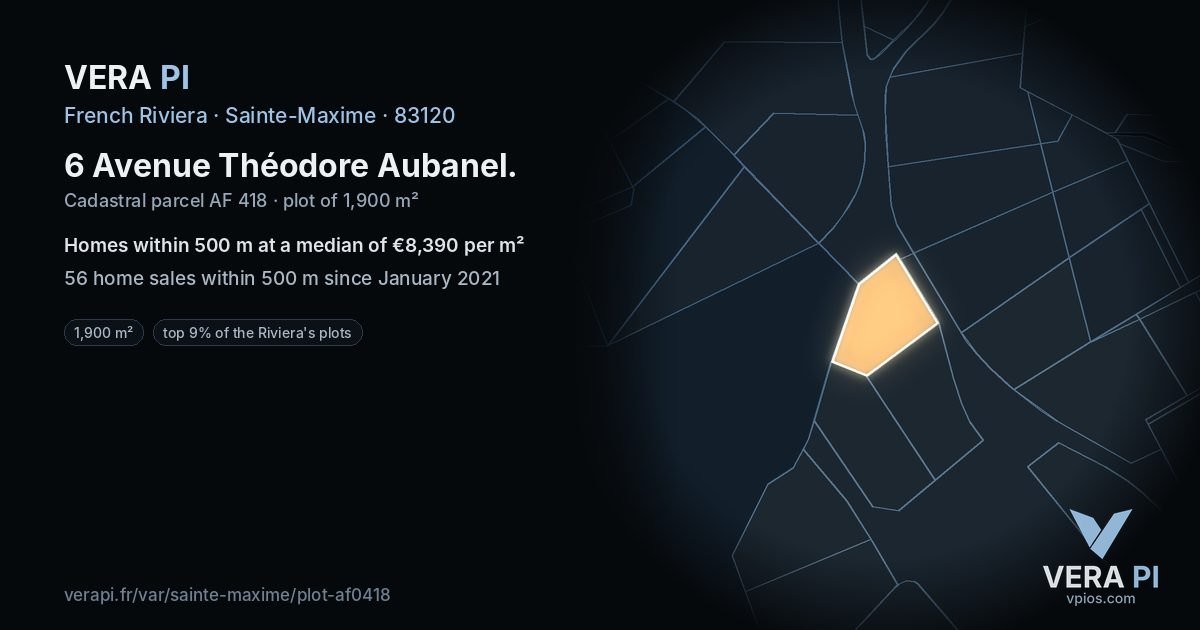 6 Avenue Théodore Aubanel, Sainte-Maxime at night – the plot lit, the parcels around coloured by the prices near them
