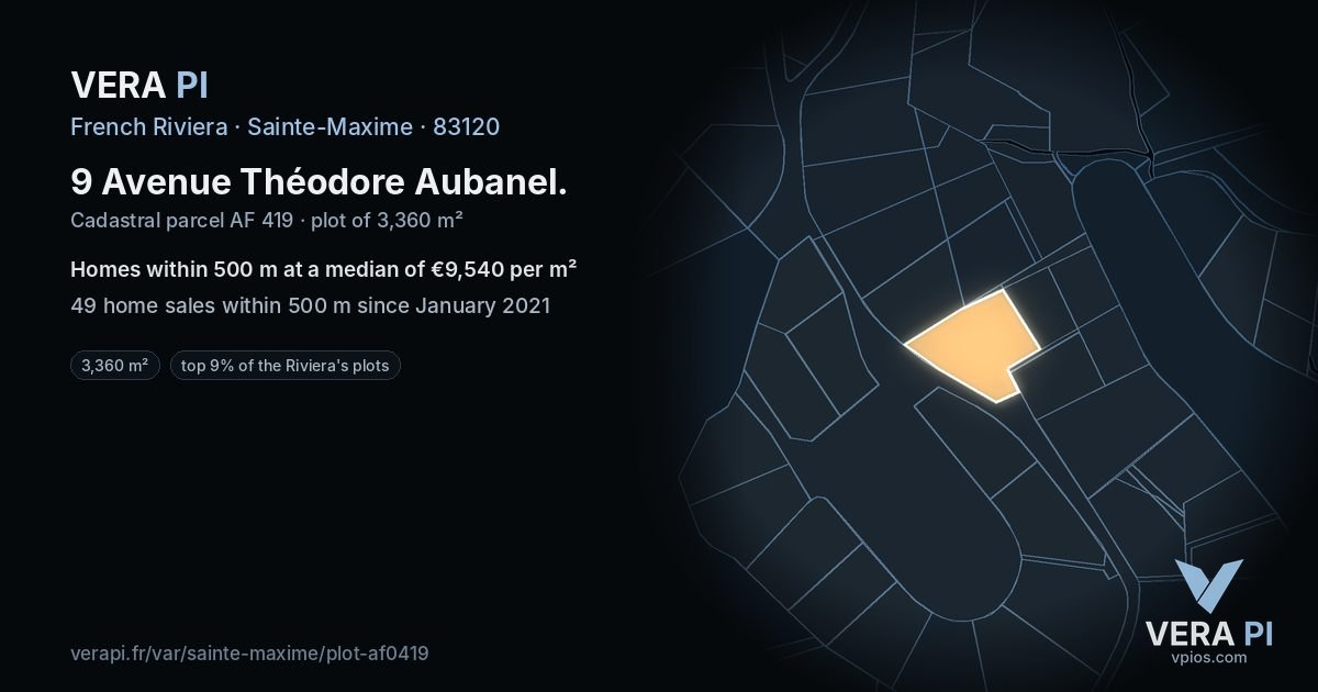 9 Avenue Théodore Aubanel, Sainte-Maxime at night – the plot lit, the parcels around coloured by the prices near them