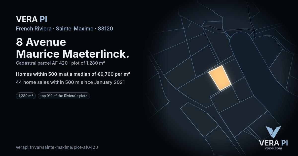 8 Avenue Maurice Maeterlinck, Sainte-Maxime at night – the plot lit, the parcels around coloured by the prices near them