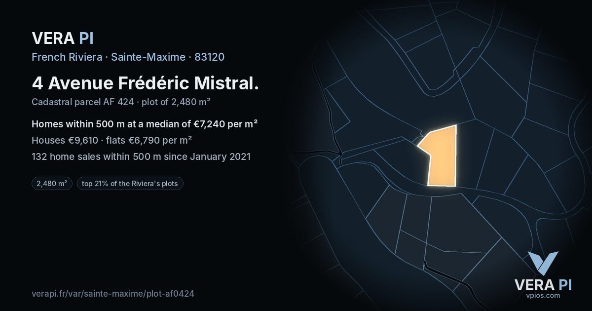 4 Avenue Frédéric Mistral, Sainte-Maxime at night – the plot lit, the parcels around coloured by the prices near them