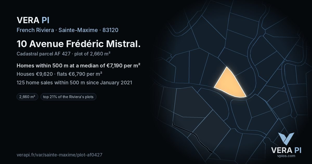 10 Avenue Frédéric Mistral, Sainte-Maxime at night – the plot lit, the parcels around coloured by the prices near them